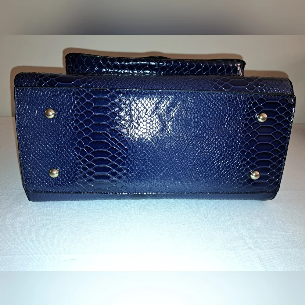 Navy Blue Faux Snake Embossed Tote, Gold Hardware, Shoulder Strap Included, NEW! - Picture 8 of 14